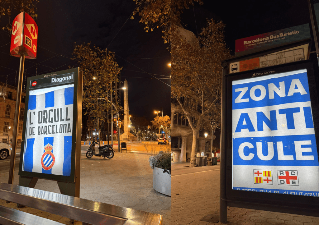 El centro de Barcelona, con carteles blanquiazules