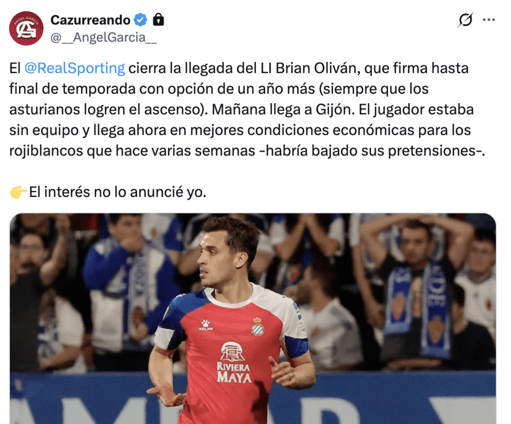 Brian Oliván pasa de jugar en el Espanyol al Sporting de Gijón