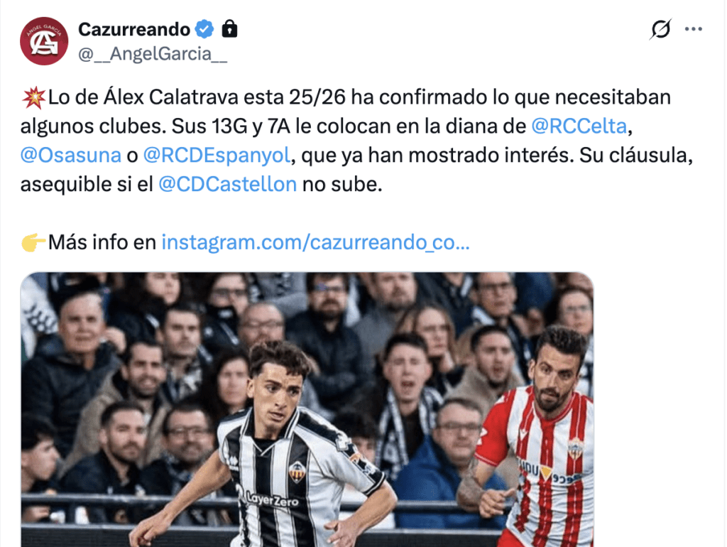 Álex Calatrava sigue siendo del interés del Espanyol y otros clubes de Primera división
