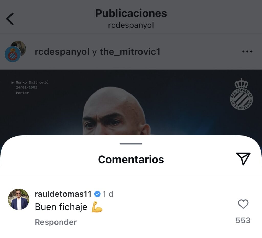Raúl de Tomás reacciona al fichaje de Dmitrović 1 Raúl de Tomás se muestra feliz en redes sociales por el fichaje de Marco Dmitrovic con el Espanyol