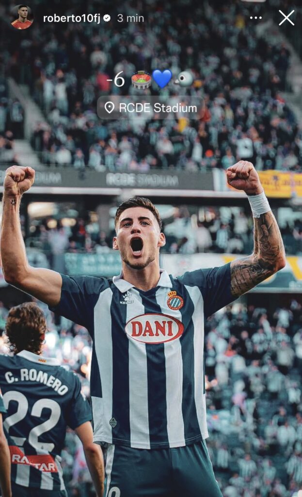 Roberto Fernández celebra un gol en el RCD Stadium