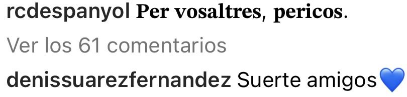 Denis Suárez le desea suerte al Espanyol con un mensaje de Instagram