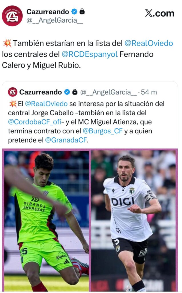 Miguel Rubio y Fernando Calero, en la lista del Real Oviedo