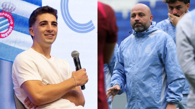 Álex Calatrava y Manolo González, en el RCDE Stadium