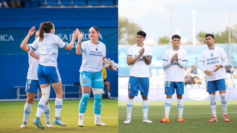 El Espanyol Femenino y el filial lucieron una camiseta en apoyo a sus compañeros lesionados Amaia Martínez y Rubén Aguilar