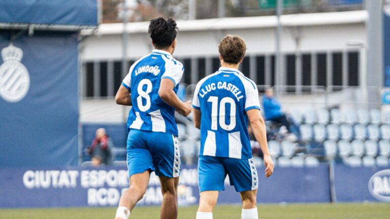 Lluc Castell y Miguel Londoño, en un partido del Espanyol B en la CE Dani Jarque