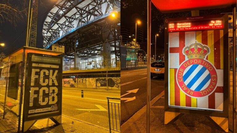 Carteles en clave perica, en la previa del derbi entre el Espanyol y el FC Barcelona