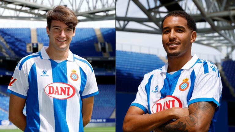Urko González de Zárate y Charles Pickel, después del acto de su presentación como jugadores del Espanyol en el RCDE Stadium