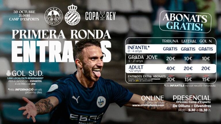 El CE Atlètic Lleida hace oficiales los precios de las entradas para el partido de la Copa del Rey ante el Espanyol