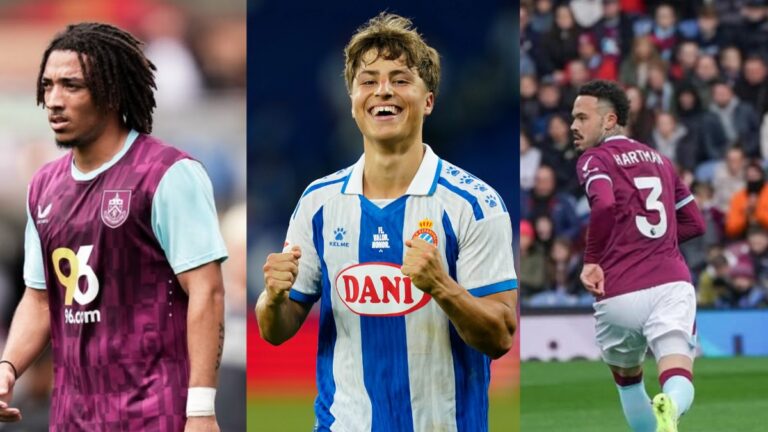 Luca Koleosho, Lluc Castell y Quilindschy Hartman, en un partido con el Espanyol y el Burnely FC