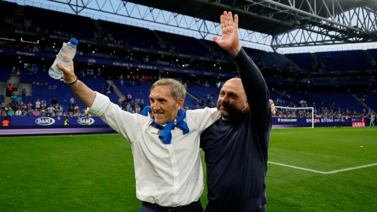 Fran Garagarza y Manolo González celebraron en el RCDE Stadium la salvación del Espanyol