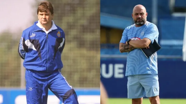 José Antonio Camacho y Manolo González, en un entrenamiento con el Espanyol