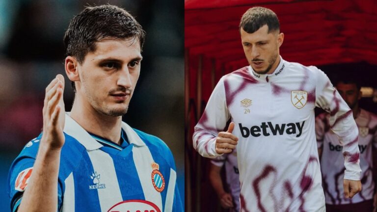 Marash Kumblla y Guido Rodríguez con la camiseta del Espanyol y del West Ham, respectivamente