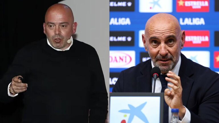 Marco Otero, en una conferencia, y Monchi en su presentación como director general deportivo del Espanyol